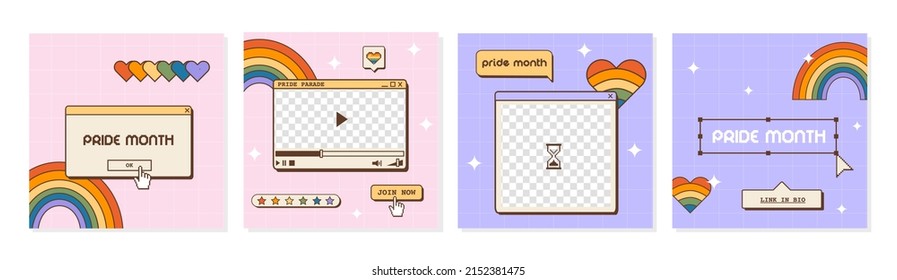 Set of vaporwave retro futuristic lofi social media post for LGBTQ Pride Month. 80s 90s Y2K aesthetic square banners. Queer greeting cards with old computer dialog window, rainbow and heart. Vector.