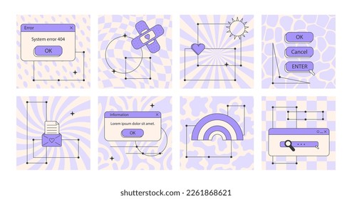 Set of vaporwave retro futuristic lofi post templates for social media. 80s 90s aesthetic square backgrounds with old computer user interface, dialog window and nostalgic elements. Vector illustration