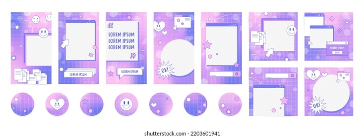 Set of vaporwave retro futuristic vintage stories, posts and highlights. Collection of pink and purple 90s aesthetic elements for social media promo posts, sale stories and decorative backgrounds.