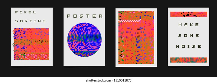 Set of vaporwave/ retrowave/ cyberpunk style posters with glitch generative art of pixel sorting. Composition of random pixels like in old retro 80s-90s video game.