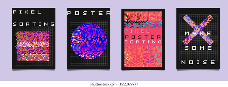 Set of vaporwave/ retrowave/ cyberpunk style posters with glitch generative art of pixel sorting. Composition of random pixels like in old retro 80s-90s video game.