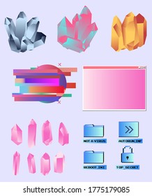 Conjunto de elementos de estilo vaporwave para pegatinas y parches. Cristales holográficos y elementos de interfaz de usuario.