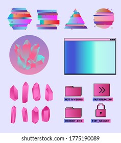Conjunto de elementos de estilo vaporwave para pegatinas y parches. Cristales holográficos y elementos de interfaz de usuario.