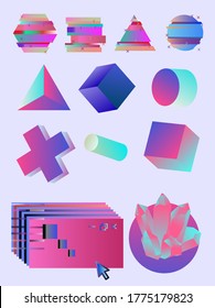 Set of vaporwave style glitched elements for technology and science project. Abstract vector illustration.