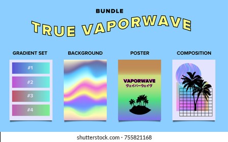 Set of Vaporwave / Synthwave style design elements. Poster, background, pastel gradients.