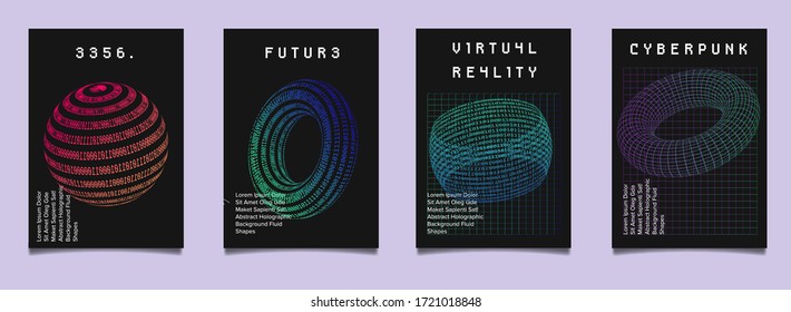 Set of vaporwave and synthwave style posters with binary code and 3d figures. Collection of futuristic cyberpunk covers for music, hackathon or informational security event.