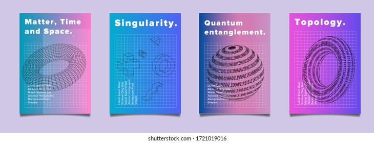 Conjunto de carteles de tipo vaporwave y synthwave con código binario y figuras 3d. Colección de portadas futuristas de ciberpunk para música, hackathon o evento de seguridad informativa.