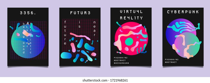 Set of vaporwave and synthwave style posters with liquid blobs in holographic vibrant color tones. Collection of futuristic cyberpunk covers for electronic music party, club or bar night event.