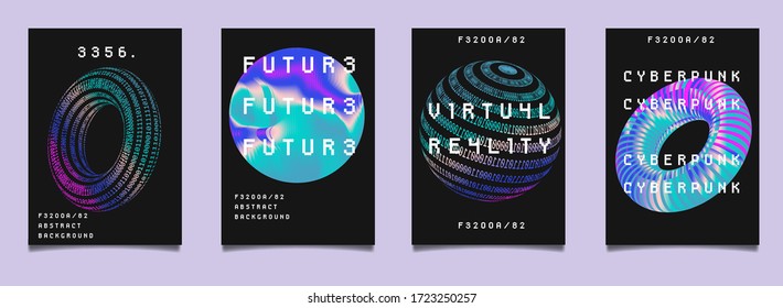 Set von Vaporwave- und Synthwave-Poster mit Binärcode und 3D-Figuren. Sammlung futuristischer Cyberpunk-Cover für Musik, Hackathon oder Wissenschaftsevent.