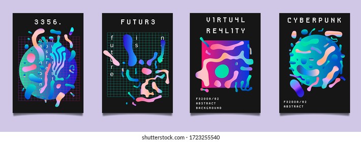 Set of vaporwave and synthwave style posters with liquid blobs in holographic vibrant color tones. Collection of futuristic cyberpunk covers for electronic music party, club or bar night event.