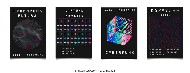 Set of vaporwave and synthwave style posters neon 3d figures. Collection of futuristic cyberpunk covers for music, hackathon or science event.