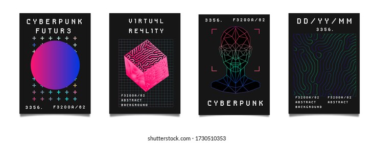 Set of vaporwave and synthwave style posters geometric composition in neon vibrant colors. Collection of futuristic cyberpunk covers for night club event, hackathon or science festival.