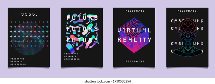 Set of vaporwave and synthwave style posters geometric composition in neon vibrant colors. Collection of futuristic cyberpunk covers for night club event, hackathon or science festival.