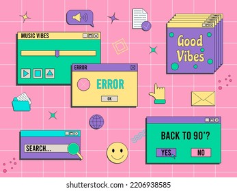 Set of vaporwave UI and UX elements. PC retro game frame. Nostalgic style 70s, 80s, 90s.