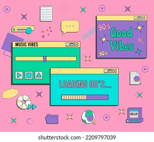Set of vaporwave UI and UX elements. PC retro game frame. Nostalgic style 70s, 80s, 90s.