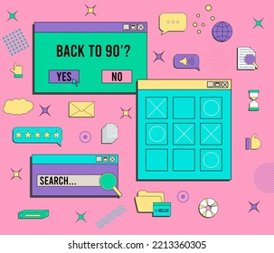 Set of vaporwave UI and UX elements. PC retro game frame. Nostalgic style 70s, 80s, 90s.