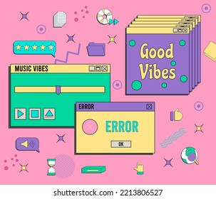 Set of vaporwave UI and UX elements. PC retro game frame. Nostalgic style 70s, 80s, 90s.