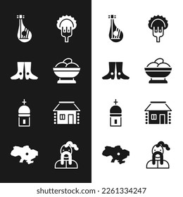 Set Varenyky in a bowl, Ukrainian footwear, Bandura, Dumplings on fork, Church tower, house, cossack and Map of Ukraine icon. Vector