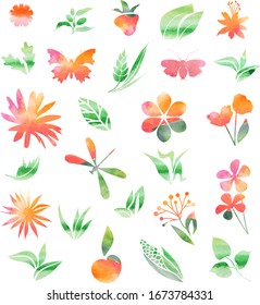 Conjunto de plantas variables y flores en forma de acuarela