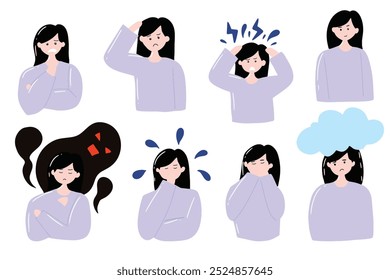 set of variant different woman expression face. strees, anxiety, sad