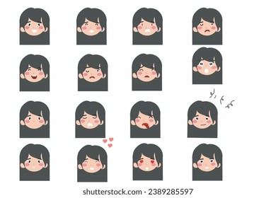 set of variant expression face adult girls or boys cartoon illustration. sad, happy, confused, stress, know, wink, unmood, love emooticon face