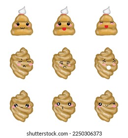 Set of variant face croissant bread emoticon character isolated on white background