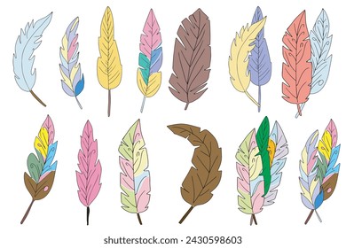 set of variant feathers boho isolated on white background