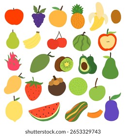 set of variant fruits element stock design. orange, cucumber, apples, cery, banana. dragonfruit, lemon, papaya, kiwi, mangoosteen. coloring book for kids
