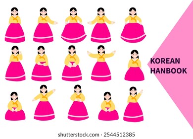 set of variant gesture on wearing hanbok korean tradional clothes