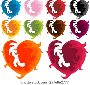 Set Of Variant of Love Shaped Woman's Head Silhouette