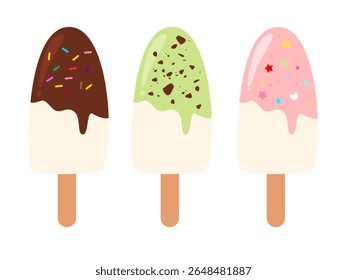 Set of variant popsicle illustration. Food cartoon. Chocolate, matcha and strawberry ice cream