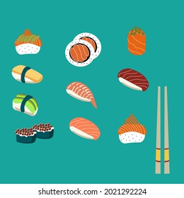 Set of variant Shushi Japanese food plate complete with vector ilustration on blue background.delicious nigiri sushi japanese food.