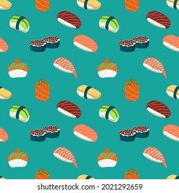 Set of variant Shushi Japanese food  seamless pattern vector ilustration on blue background.