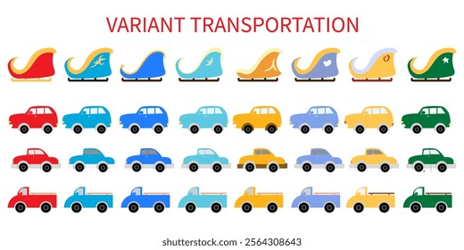 set of variant transportation car, train of christmas, and truck