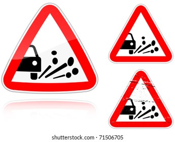 Set of variants a Blowout of gravel - road sign isolated on white background. Group of as fish-eye, simple and grunge icons for your design. Vector illustration.