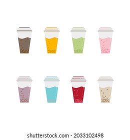 set of variants of buba tea in a cup, colorful