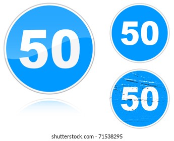 Set of variants a Minimum speed limit - road sign isolated on white background. Group of as fish-eye, simple and grunge icons for your design. Vector illustration.