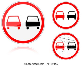 Set of variants a No passing - road sign isolated on white background. Group of as fish-eye, simple and grunge icons for your design. Vector illustration.