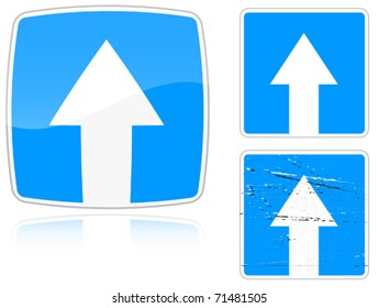 Set of variants a Road with one-way traffic - road sign isolated on white background. Group of as fish-eye, simple and grunge icons for your design. Vector illustration.