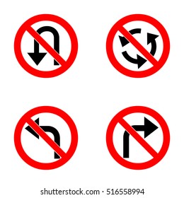 Set of variants a U-Turn forbidden - road sign isolated on white background. Group of as fish-eye, simple and grunge icons for your design. Vector illustration.