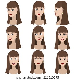 Set of variation of emotions of the same girl with brown hair. She is remembering, thinking, sad, dreaming, angry, surprised, outraged, smiling. She have long straight hair and gray eyes.
