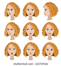 Set of variation of emotions of the same girl with red hair. She is remembering, thinking, sad, dreaming, angry, surprised, outraged, smiling. She have short curly hair and green eyes