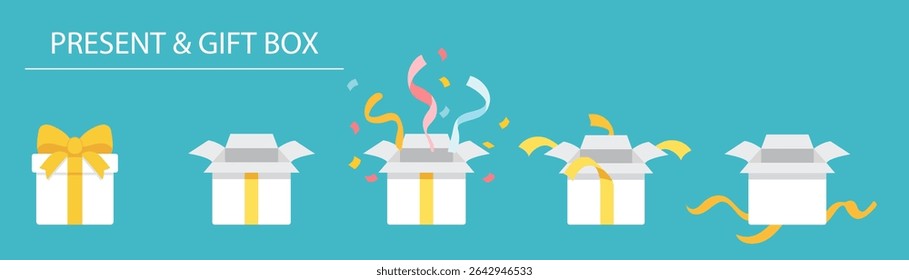 A set of variations empty open and closed gift present boxes.