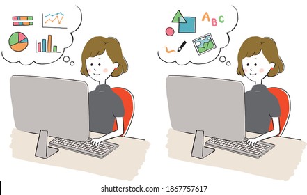 set of variations of fashionable and cute women working on a computer