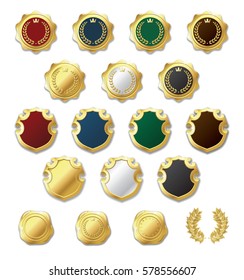 Set of varicolored badges and seals of different shapes, with the images and shadows. A vector golden laurel wreath.