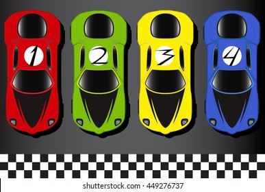 set of varicolored racing cars with number on the top. vector illustration