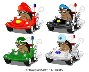 set of varicolored toy cars with a hedgehog as a driver. vector