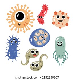 Set of varicoloured lovely microbes from different form on white background. Vector illustration of cute and beautiful character microbes in cartoon style.