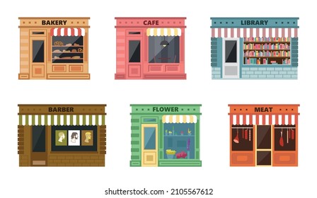 Set of varicoloured shops facade on white background. Vector shops bakery, cafe, library, barber, flower and meat in flat style.