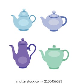 Set of varicoloured teapots on white background. Vector illustration home crockery, kettles different shapes in cartoon style.